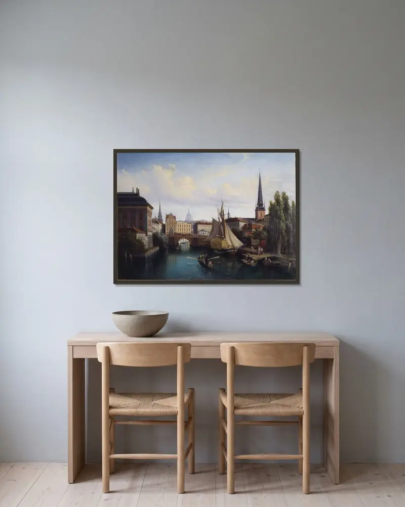 View of the Riddarholmskanalen, Stockholm, 1835 av Gustaf Wilhelm Palm inramad på en vägg