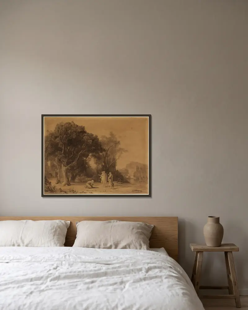 Abraham empfängt die Verheißung Isaaks im Hain Mamre von Johann Wilhelm Schirmer gerahmt an einer Wand
