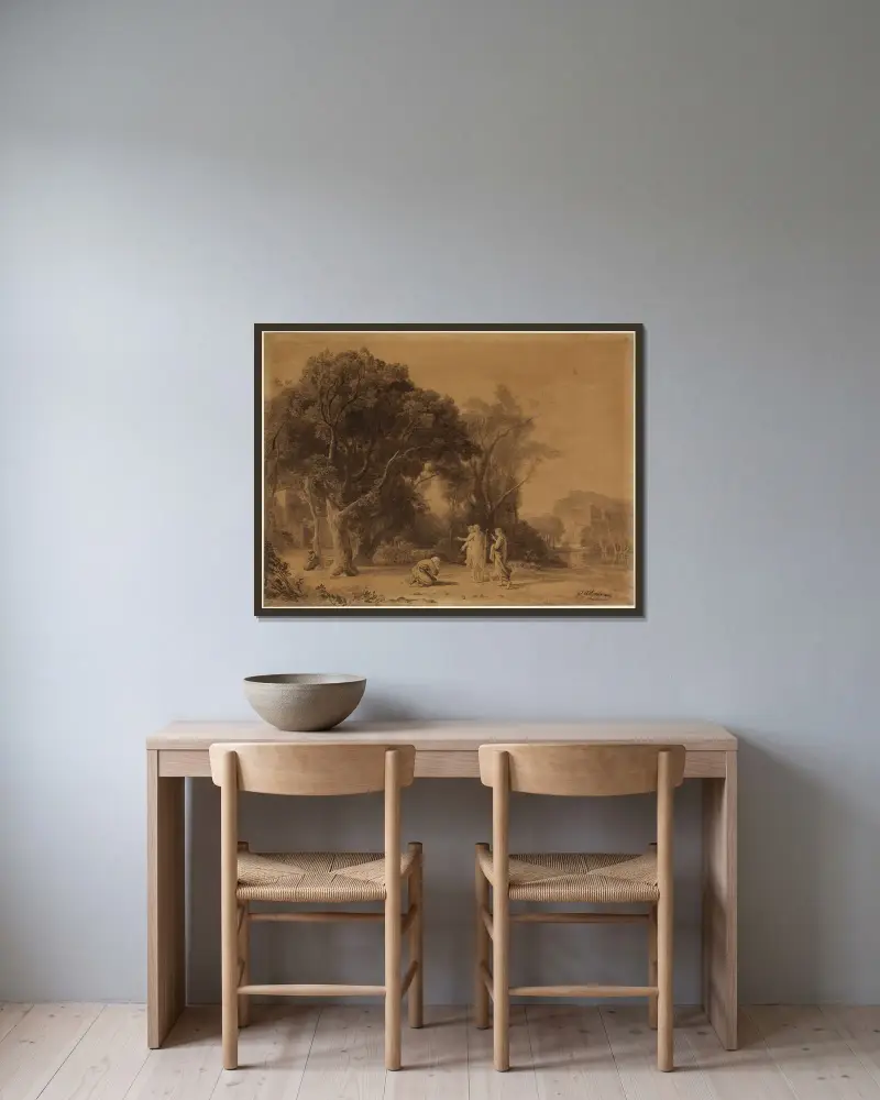 Abraham empfängt die Verheißung Isaaks im Hain Mamre von Johann Wilhelm Schirmer gerahmt an einer Wand