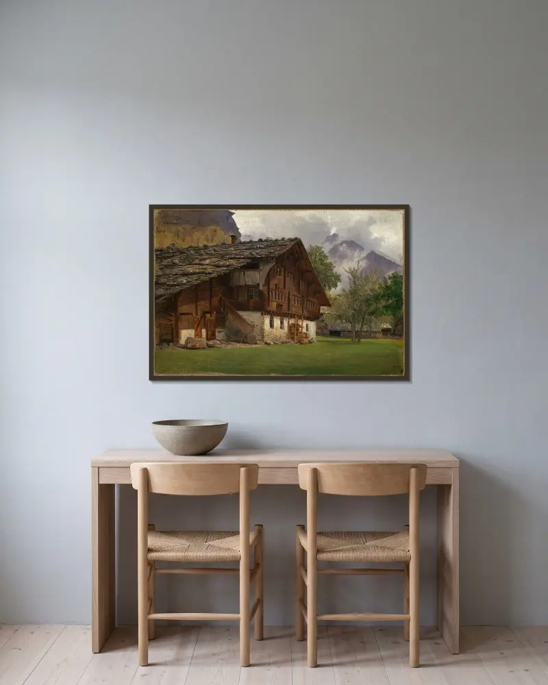 Bondgård i Alperna av Johann Wilhelm Schirmer inramad på en vägg