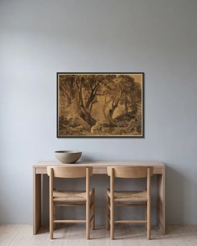 En urskogs inre (I paradiset II) av Johann Wilhelm Schirmer inramad på en vägg