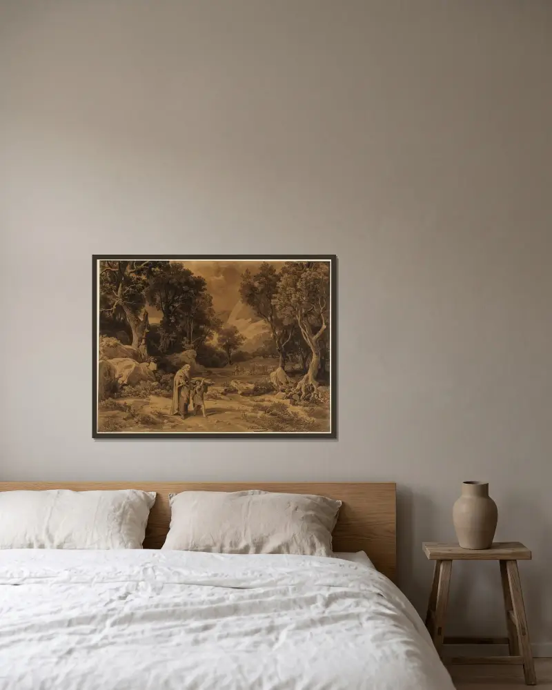 Der Gang zum Opfer (1. Mose 22, 6) von Johann Wilhelm Schirmer gerahmt an einer Wand