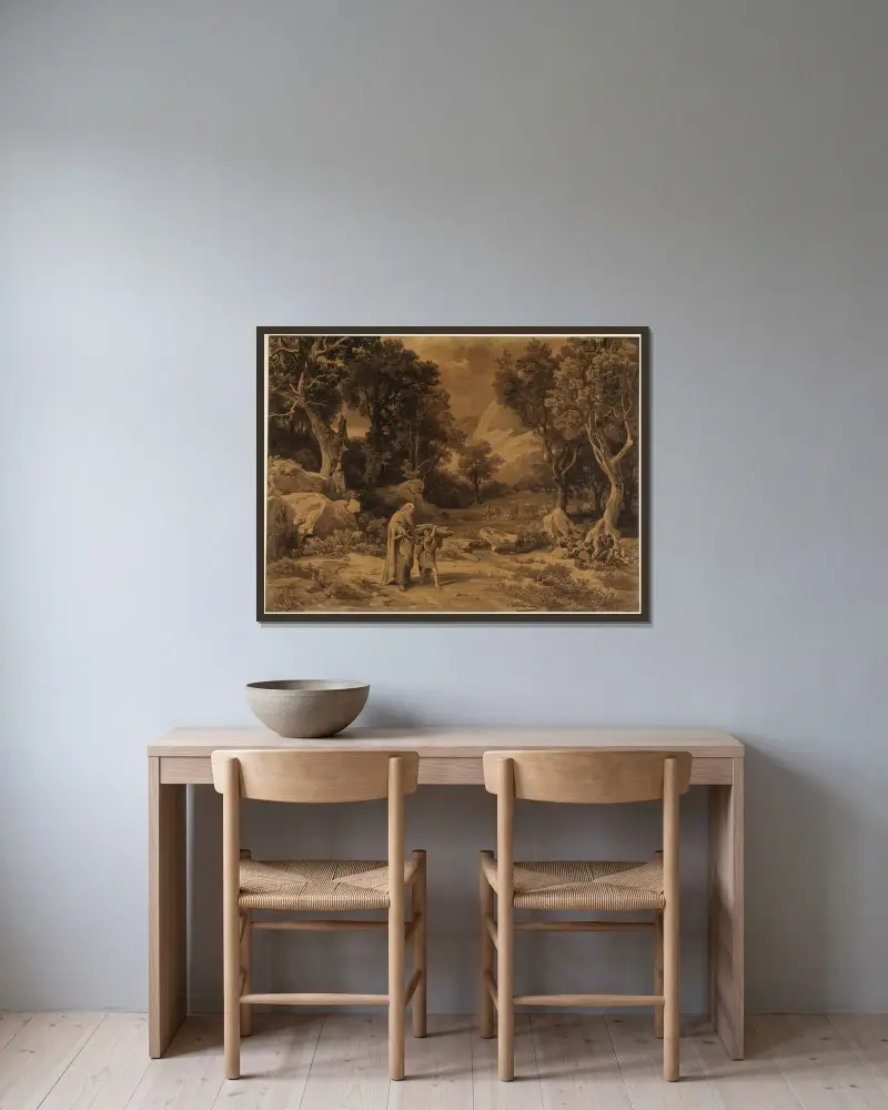 Der Gang zum Opfer (1. Mose 22, 6) von Johann Wilhelm Schirmer gerahmt an einer Wand