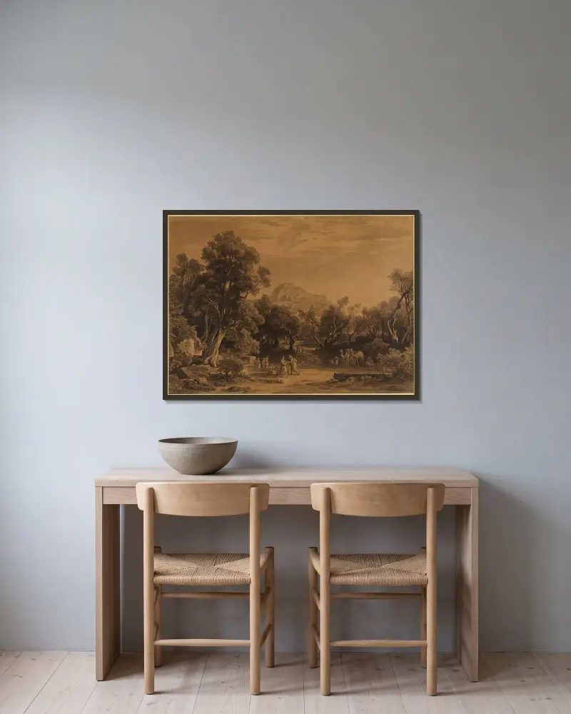 Elieser und Rebekka am Brunnen (1. Mose 24, 17-18) von Johann Wilhelm Schirmer gerahmt an einer Wand