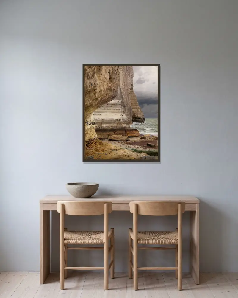 Klippkust vid Étretat av Johann Wilhelm Schirmer inramad på en vägg