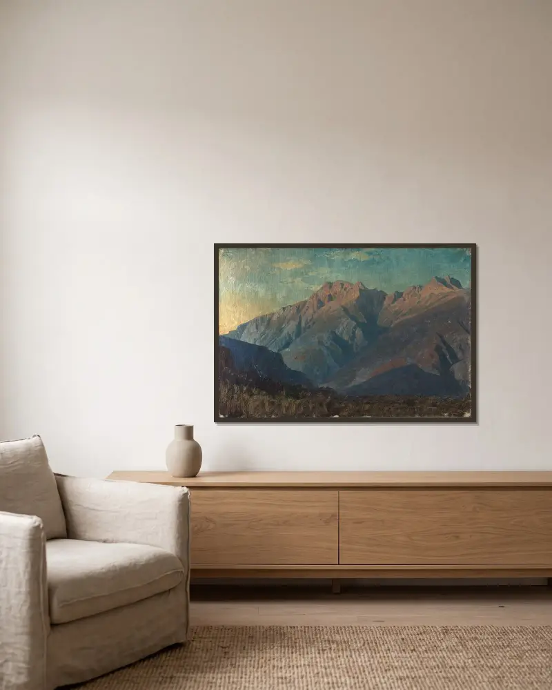 Bergsmassiv i Graubünden av Johann Wilhelm Schirmer inramad på en vägg