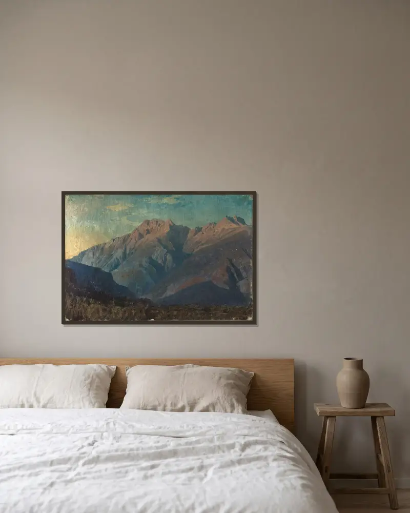 Bergsmassiv i Graubünden av Johann Wilhelm Schirmer inramad på en vägg