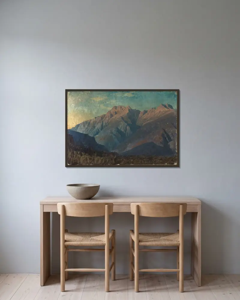 Bergsmassiv i Graubünden av Johann Wilhelm Schirmer inramad på en vägg