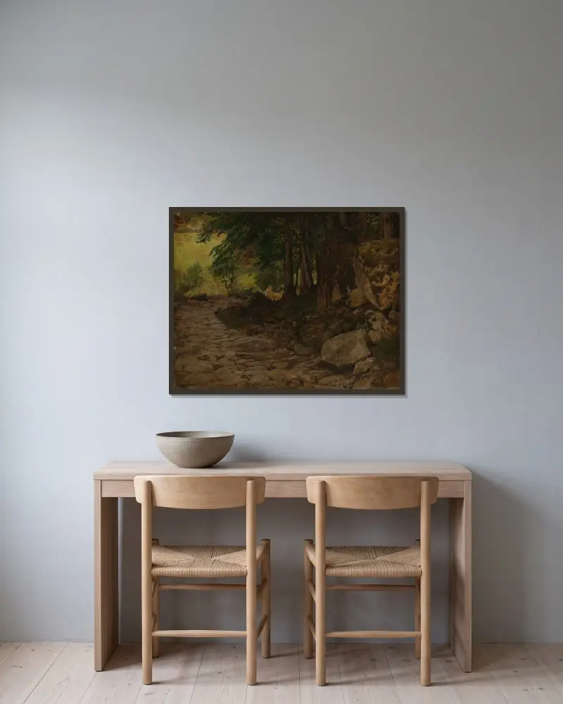 Bergväg i Schweiz av Johann Wilhelm Schirmer inramad på en vägg