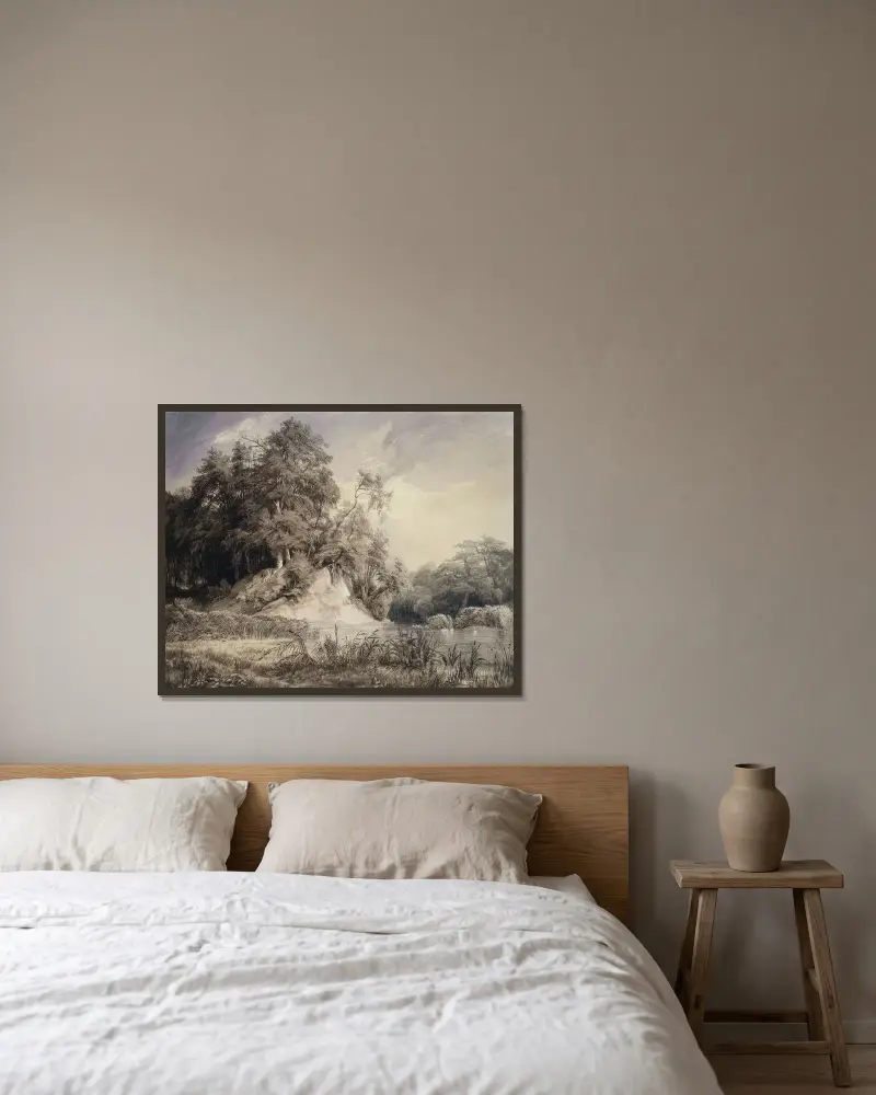 Skogslandskap med sjö och svanar av Johann Wilhelm Schirmer inramad på en vägg