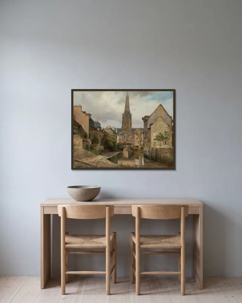 Harfleur vid Le Havre (vy mot Saint Martin) av Johann Wilhelm Schirmer inramad på en vägg