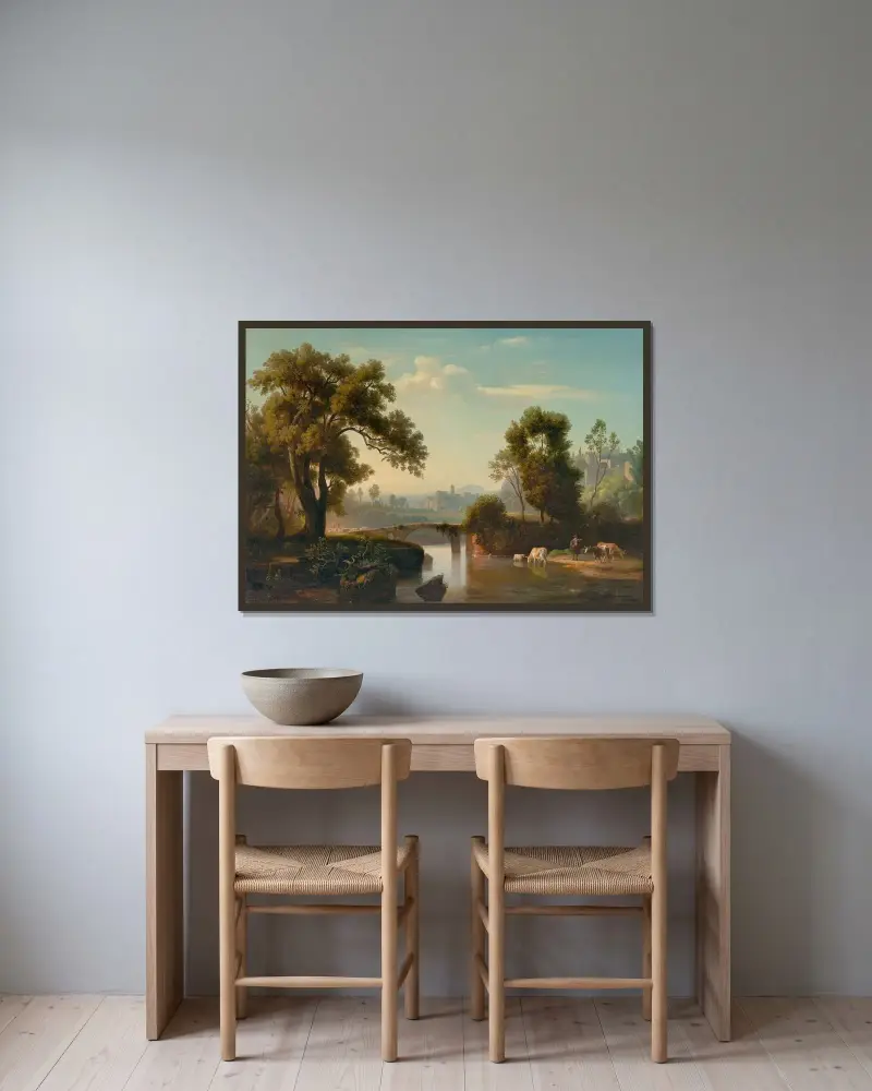 Italienskt landskap med herdar av Johann Wilhelm Schirmer inramad på en vägg