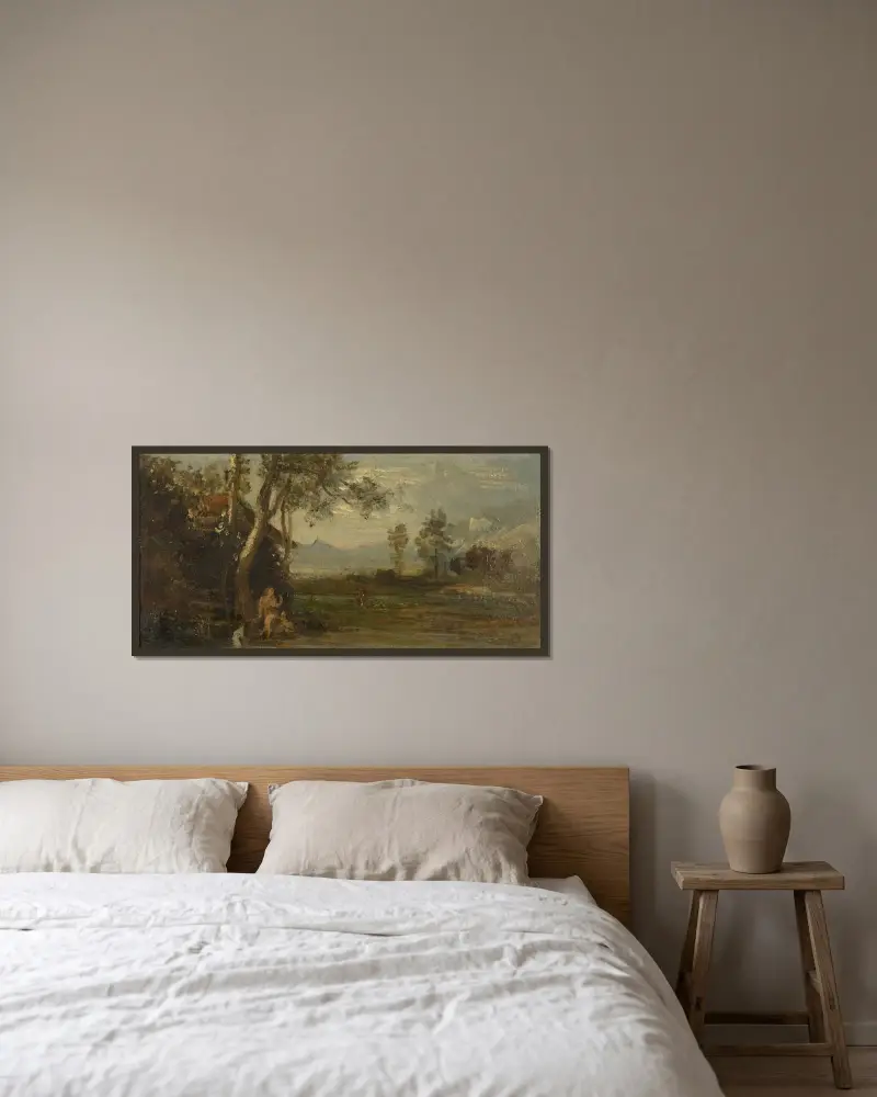 Landskap med naken figur av Johann Wilhelm Schirmer inramad på en vägg