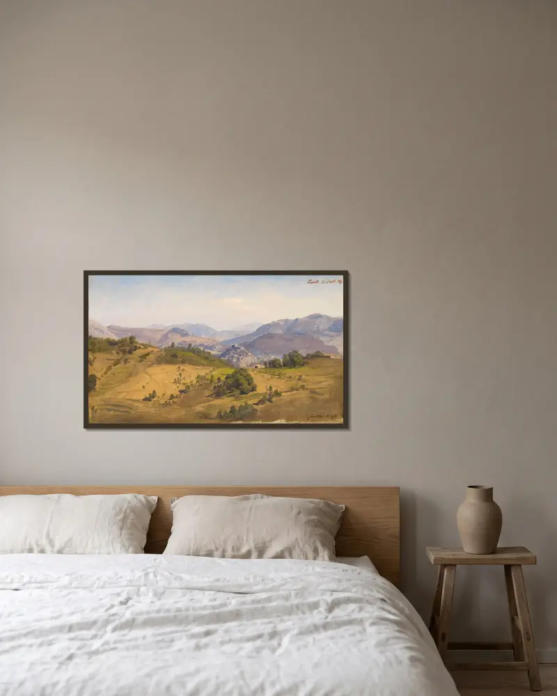 Landskap vid Civitella med utsikt mot norr mot Rocca Canterano av Johann Wilhelm Schirmer inramad på en vägg
