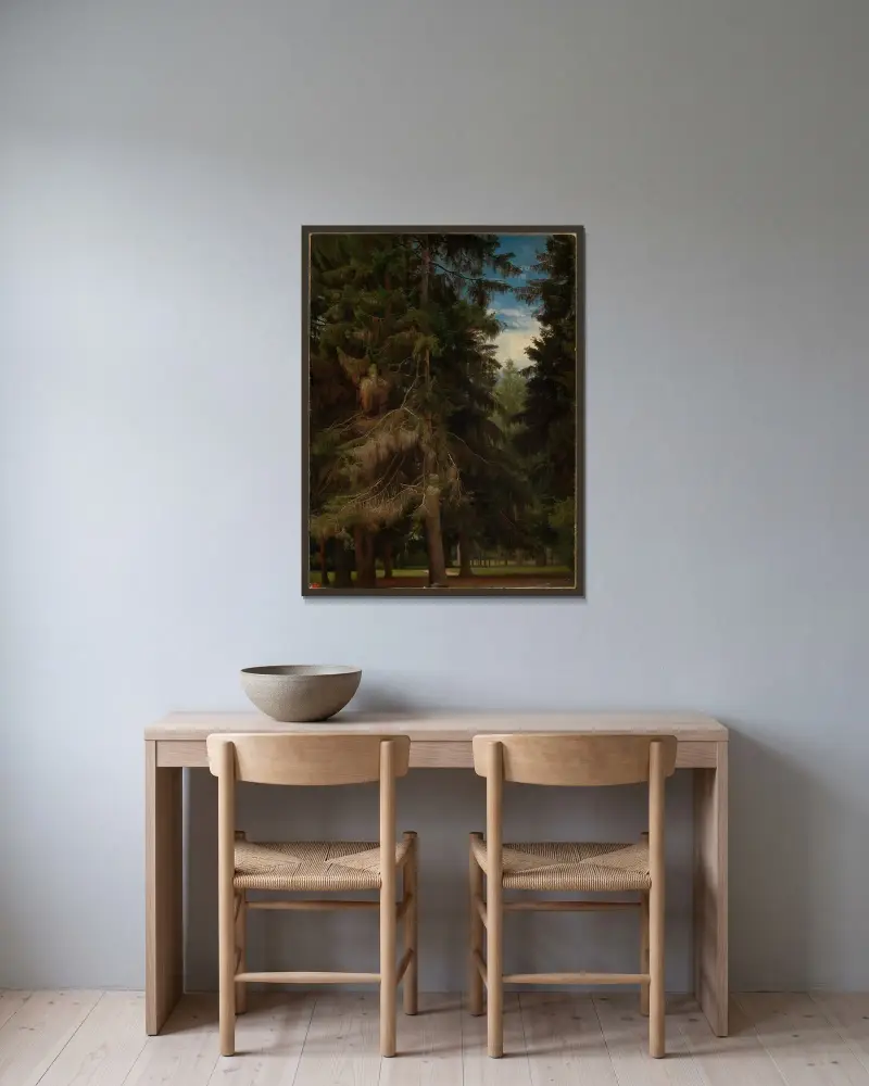 Glänta i granskog av Johann Wilhelm Schirmer inramad på en vägg
