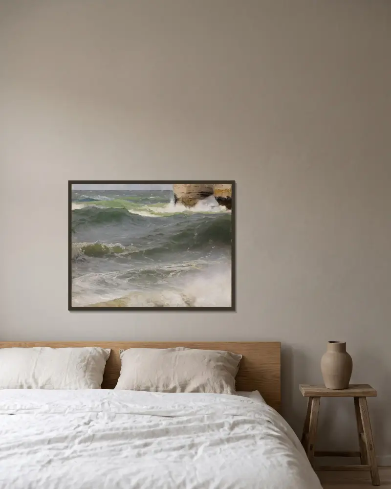 Havsstudie vid Étretat (med klippkust till höger) av Johann Wilhelm Schirmer inramad på en vägg