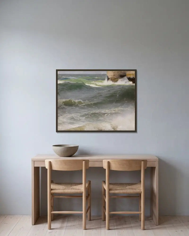 Havsstudie vid Étretat (med klippkust till höger) av Johann Wilhelm Schirmer inramad på en vägg