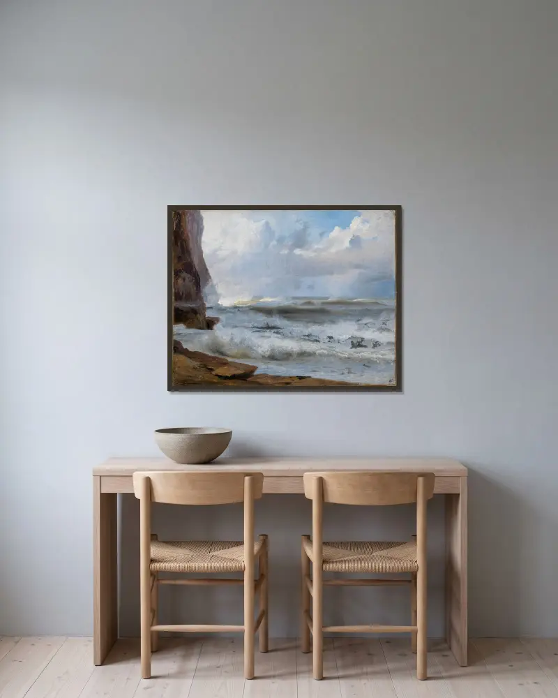 Havsstudie vid Étretat (med klippkust till vänster) av Johann Wilhelm Schirmer inramad på en vägg
