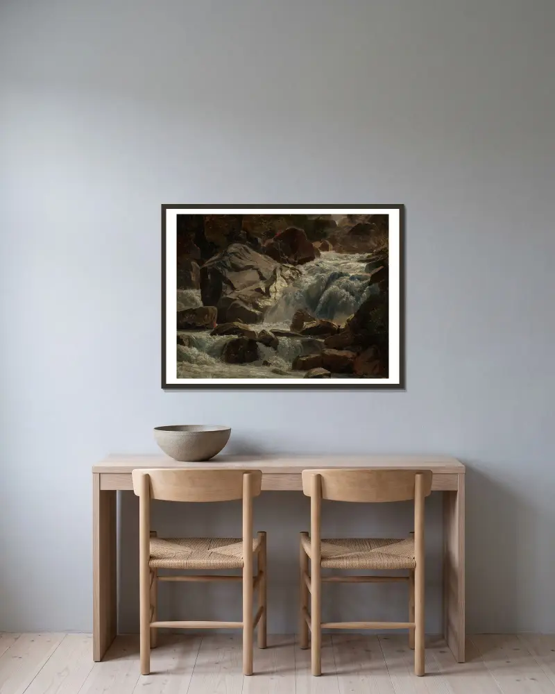 Švýcarský horský potok, Johann Wilhelm Schirmer v rámu na stěně