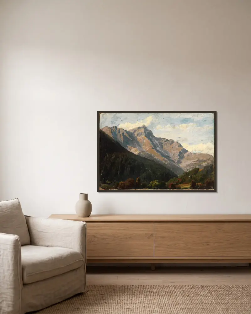 Schweizer Gebirgslandschaft mit dem Piz Beverin im Hintergrund av Johann Wilhelm Schirmer inramad på en vägg