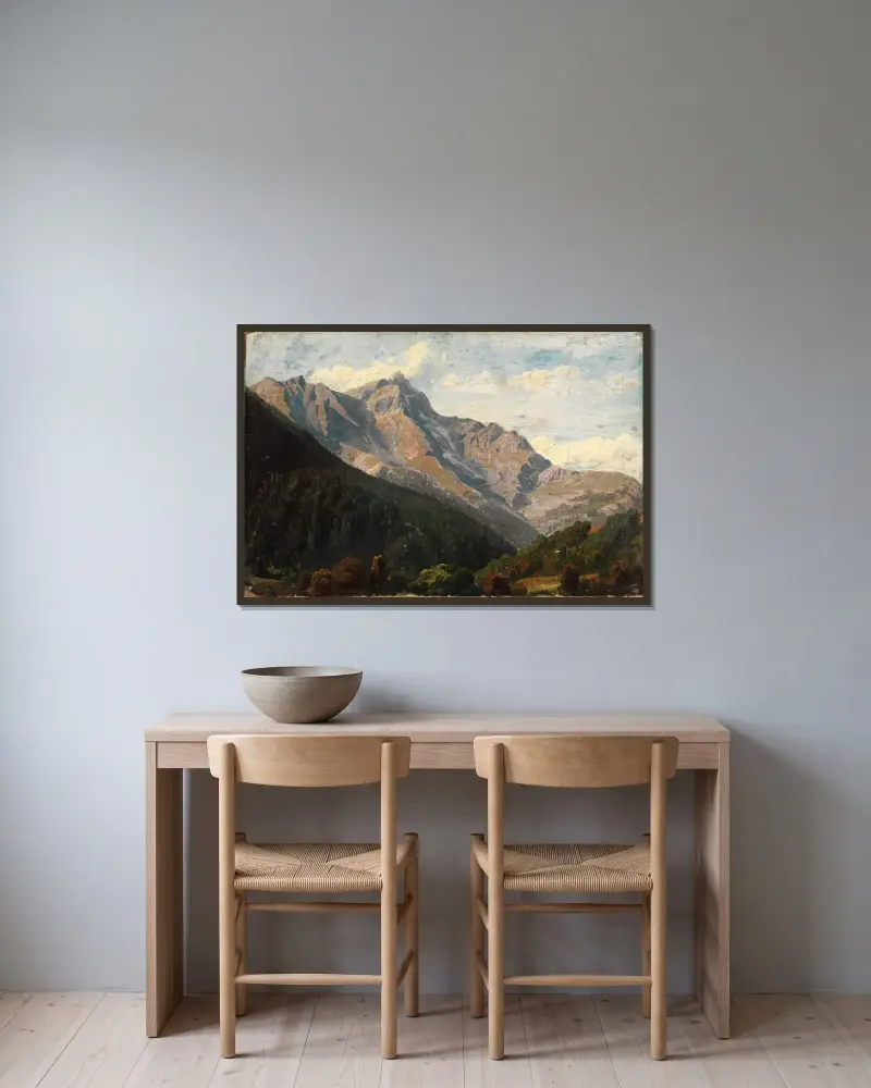Schweizer Gebirgslandschaft mit dem Piz Beverin im Hintergrund av Johann Wilhelm Schirmer inramad på en vägg