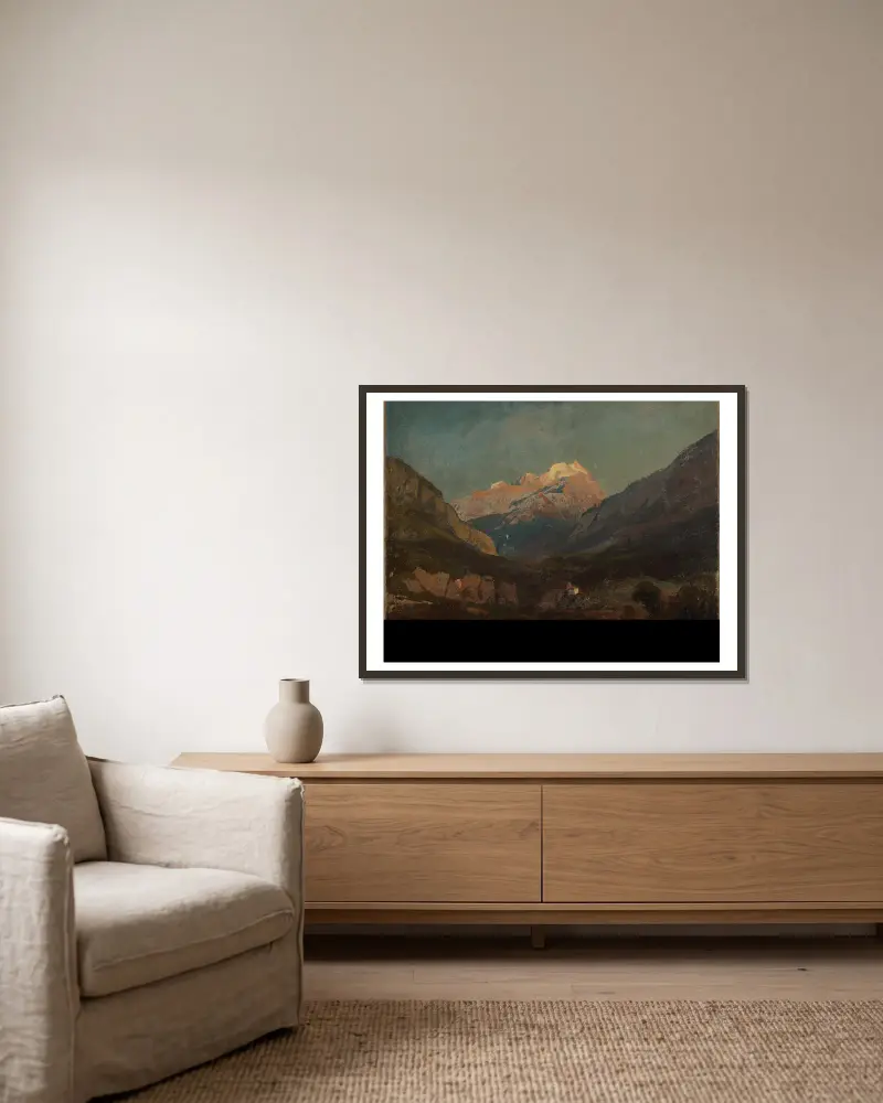 Schweizer Gebirgslandschaft mit Kapelle und fernem Schneegipfel av Johann Wilhelm Schirmer inramad på en vägg