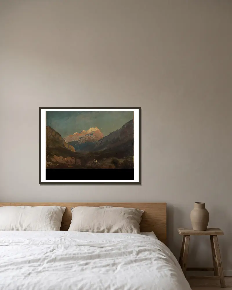 Schweizer Gebirgslandschaft mit Kapelle und fernem Schneegipfel av Johann Wilhelm Schirmer inramad på en vägg
