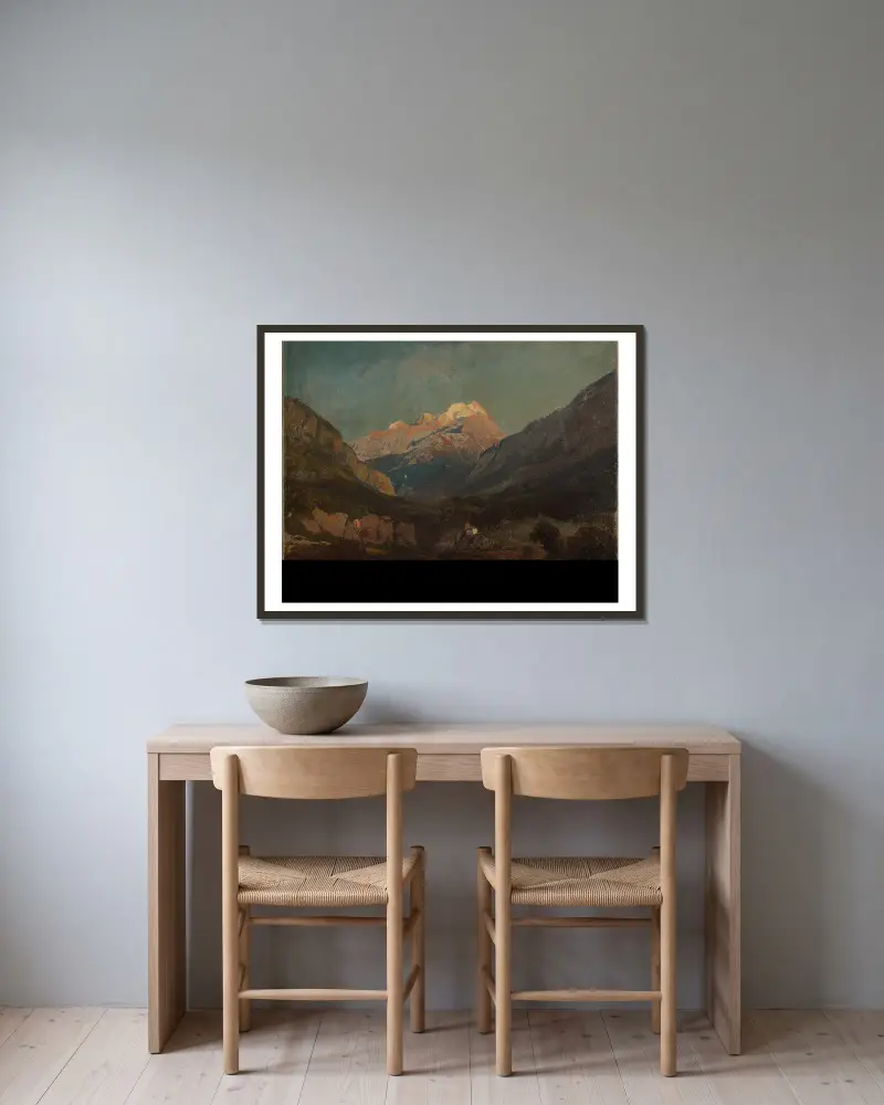 Schweizer Gebirgslandschaft mit Kapelle und fernem Schneegipfel av Johann Wilhelm Schirmer inramad på en vägg