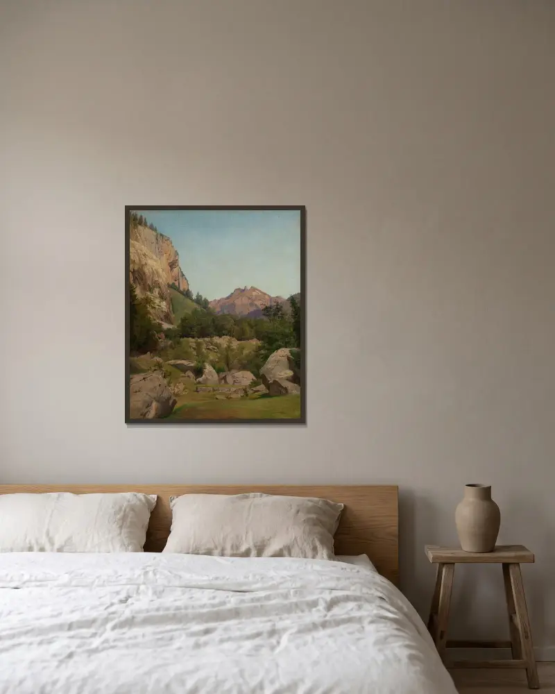 Schweiziskt bergslandskap av Johann Wilhelm Schirmer inramad på en vägg