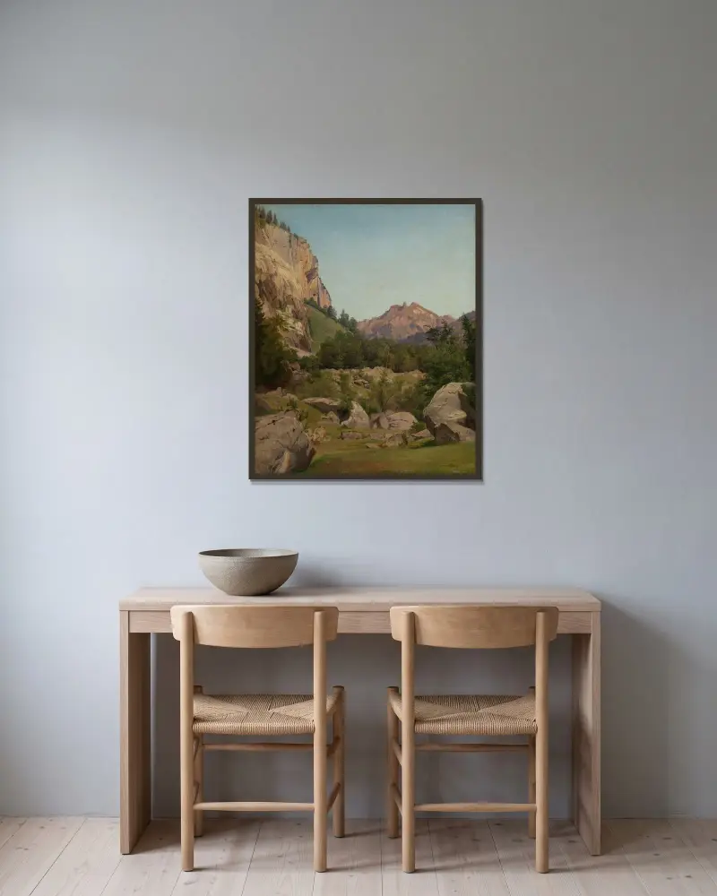 Schweiziskt bergslandskap av Johann Wilhelm Schirmer inramad på en vägg
