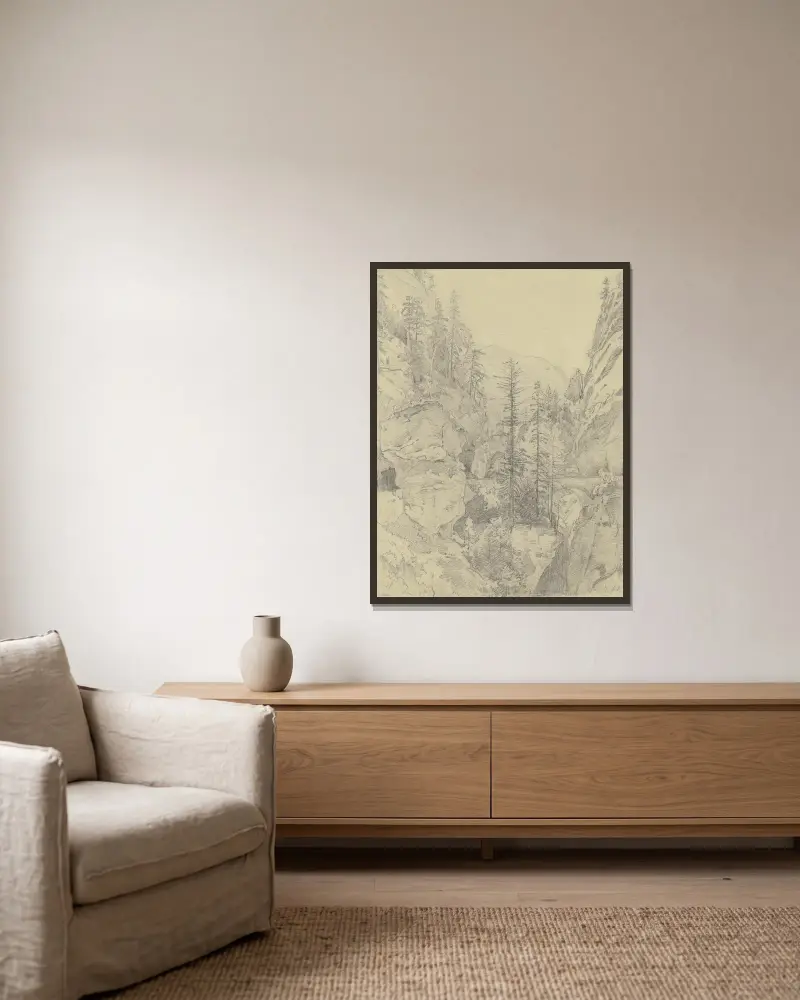 Partie an der Via Mala von Johann Wilhelm Schirmer gerahmt an einer Wand