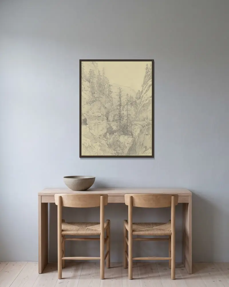 Partie an der Via Mala von Johann Wilhelm Schirmer gerahmt an einer Wand