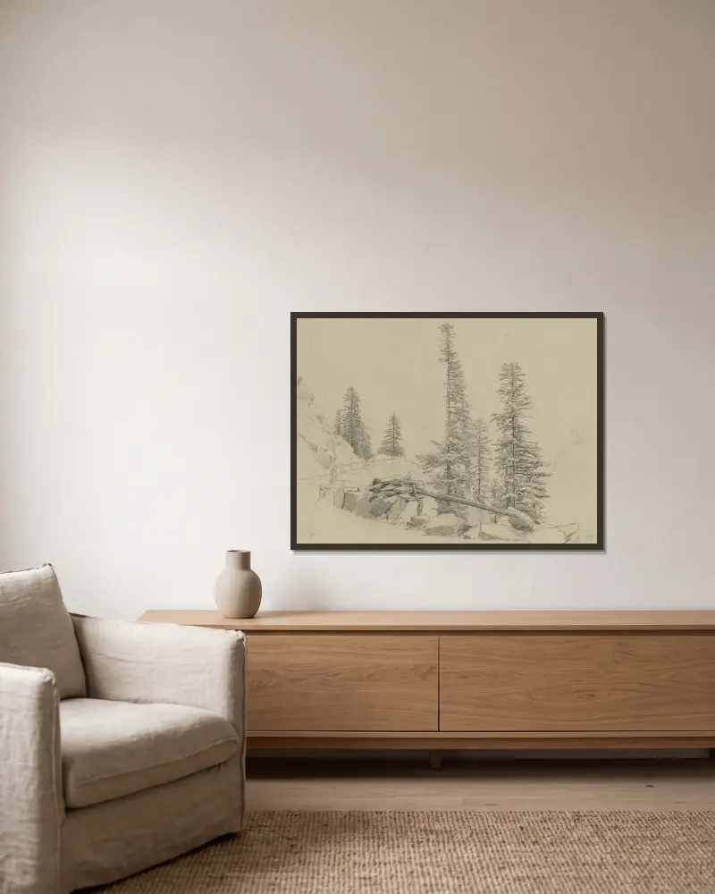 Fichten an der Via Mala von Johann Wilhelm Schirmer gerahmt an einer Wand