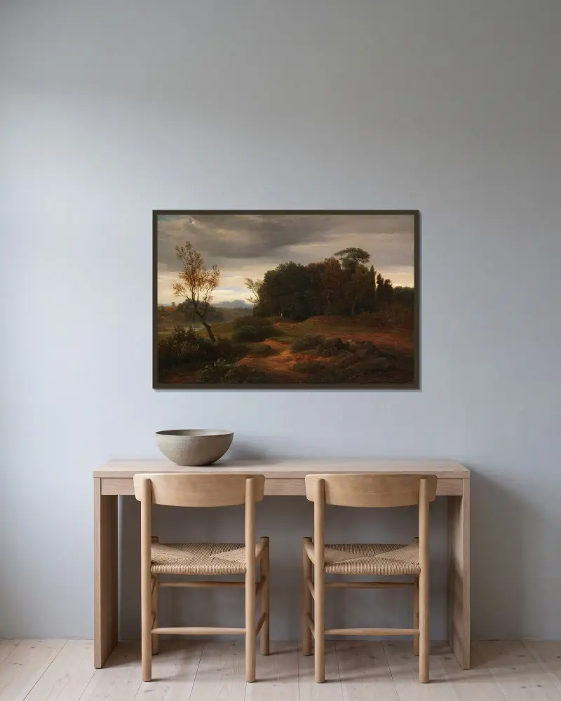 Stormig landskap av Johann Wilhelm Schirmer inramad på en vägg