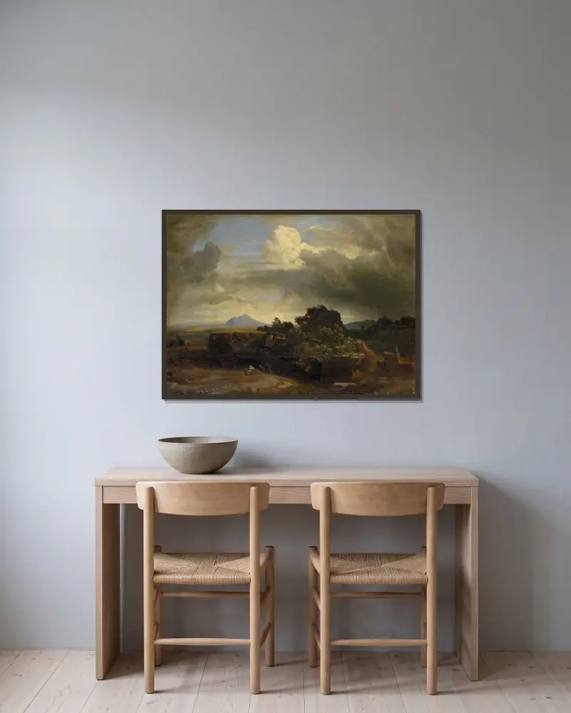 Storm i Campagnan av Johann Wilhelm Schirmer inramad på en vägg