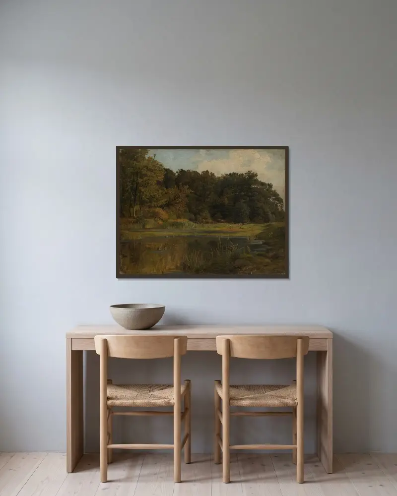 Skogsdamm av Johann Wilhelm Schirmer inramad på en vägg