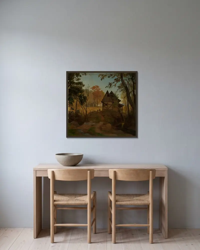 Vattenkvarn av Johann Wilhelm Schirmer inramad på en vägg