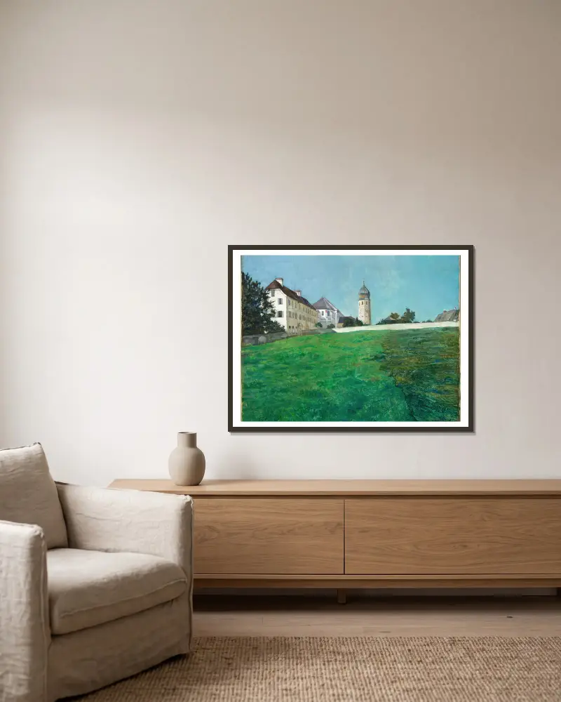 A View of Frauenchiemsee av Wilhelm Trübner inramad på en vägg