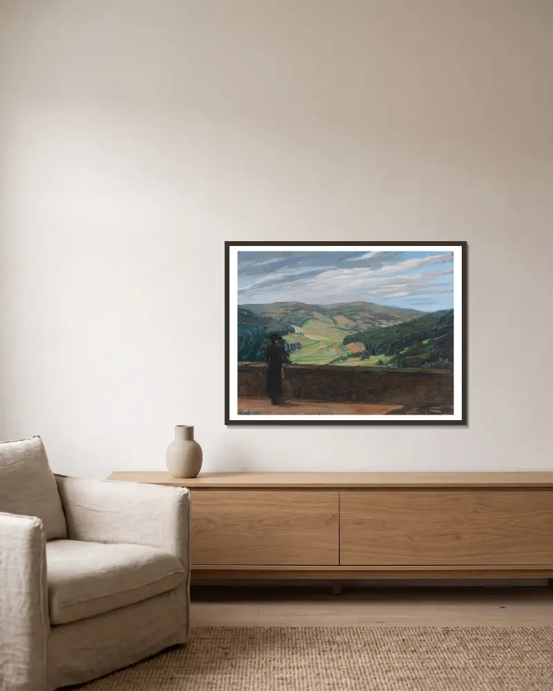 Blick in den Odenwald von Wilhelm Trübner gerahmt an einer Wand