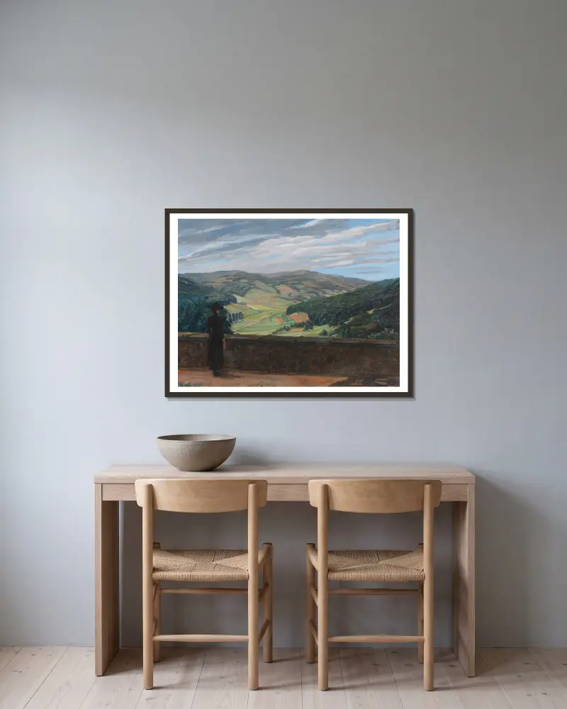 Blick in den Odenwald von Wilhelm Trübner gerahmt an einer Wand