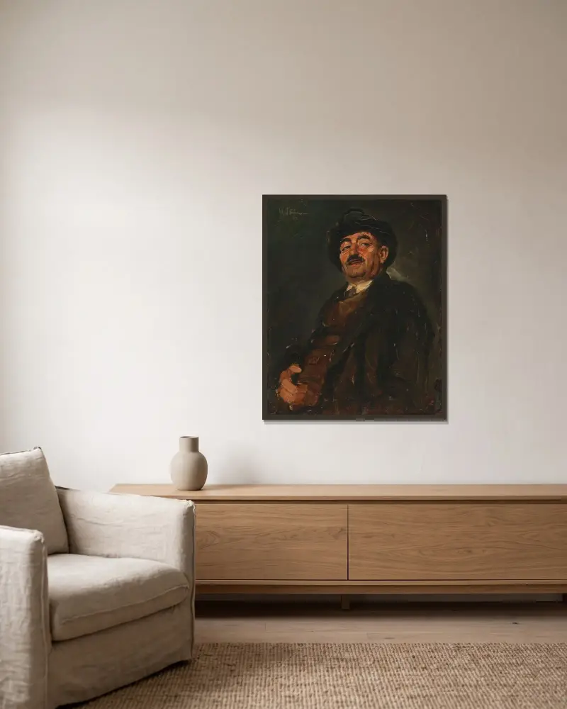 Camille lachend von Wilhelm Trübner gerahmt an einer Wand