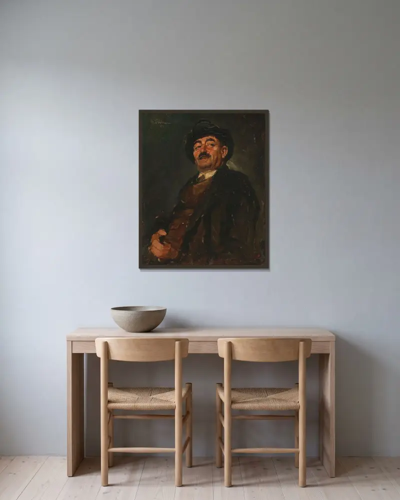 Camille lachend von Wilhelm Trübner gerahmt an einer Wand