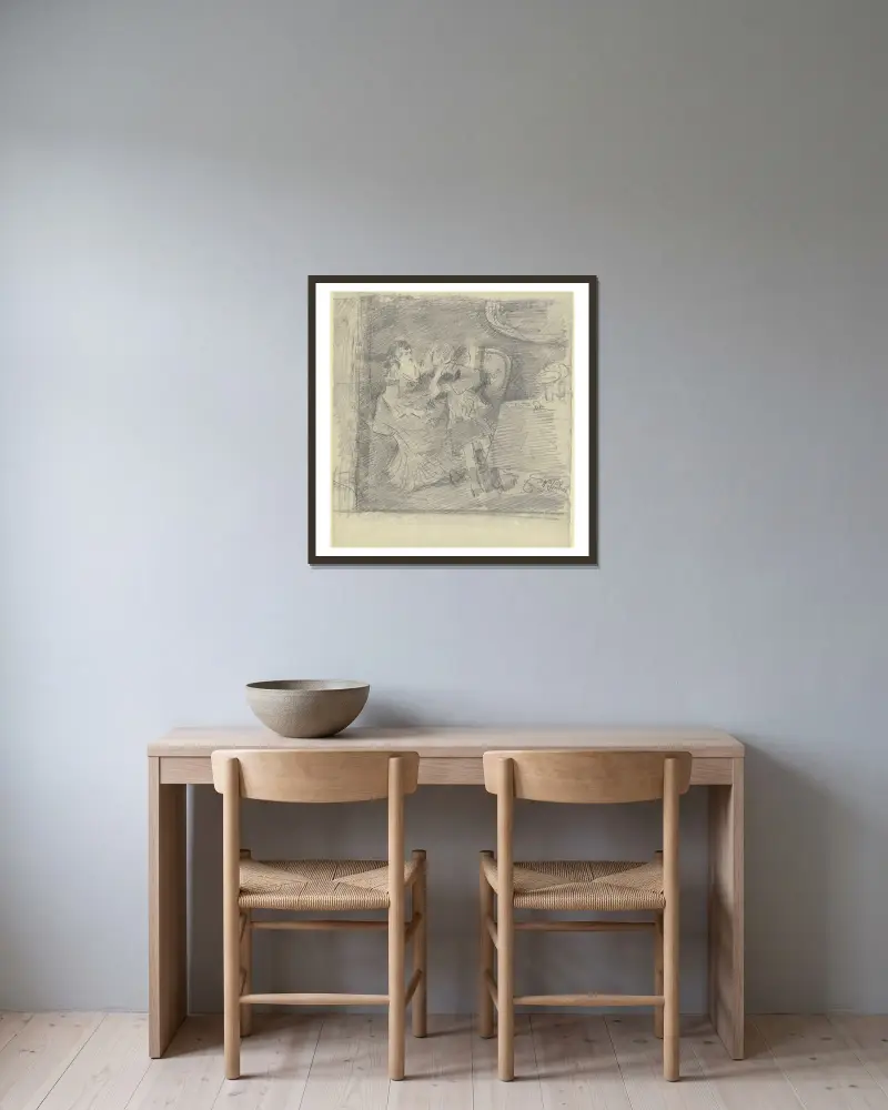 Dame und Herr mit Kind auf einem Sofa, daneben Tisch mit Glas und Fruchtschale av Wilhelm Trübner inramad på en vägg