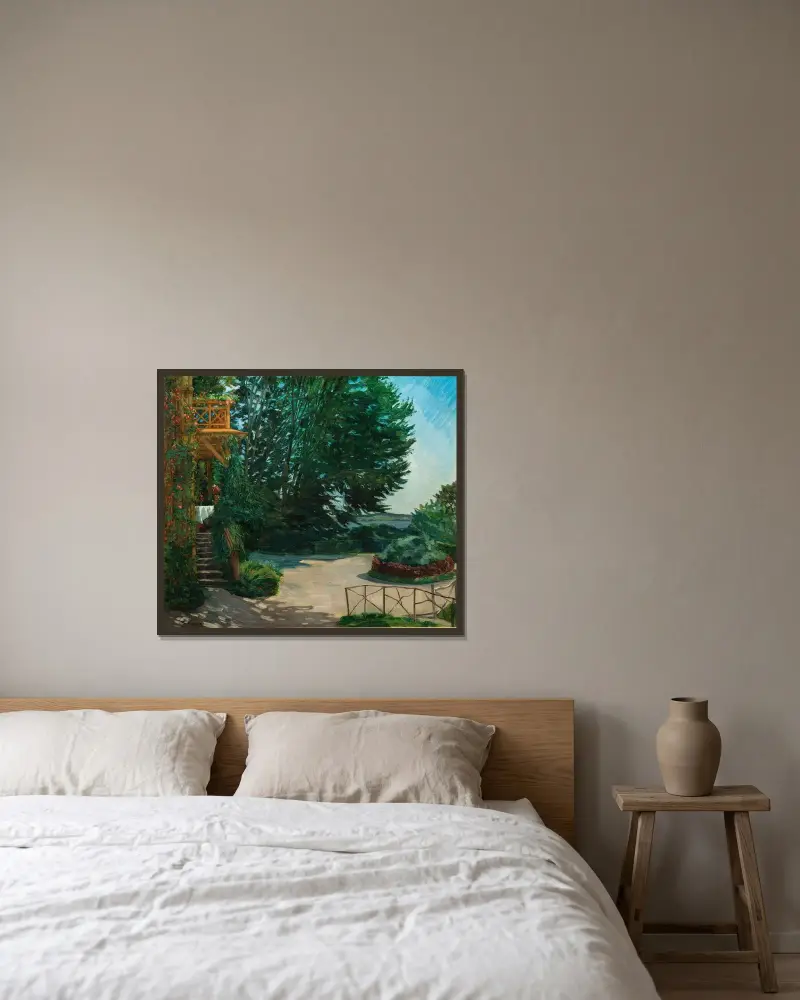 Trädgård vid en villa vid Starnberger See av Wilhelm Trübner inramad på en vägg