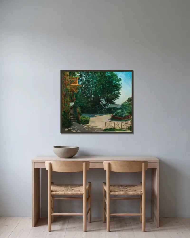 Trädgård vid en villa vid Starnberger See av Wilhelm Trübner inramad på en vägg