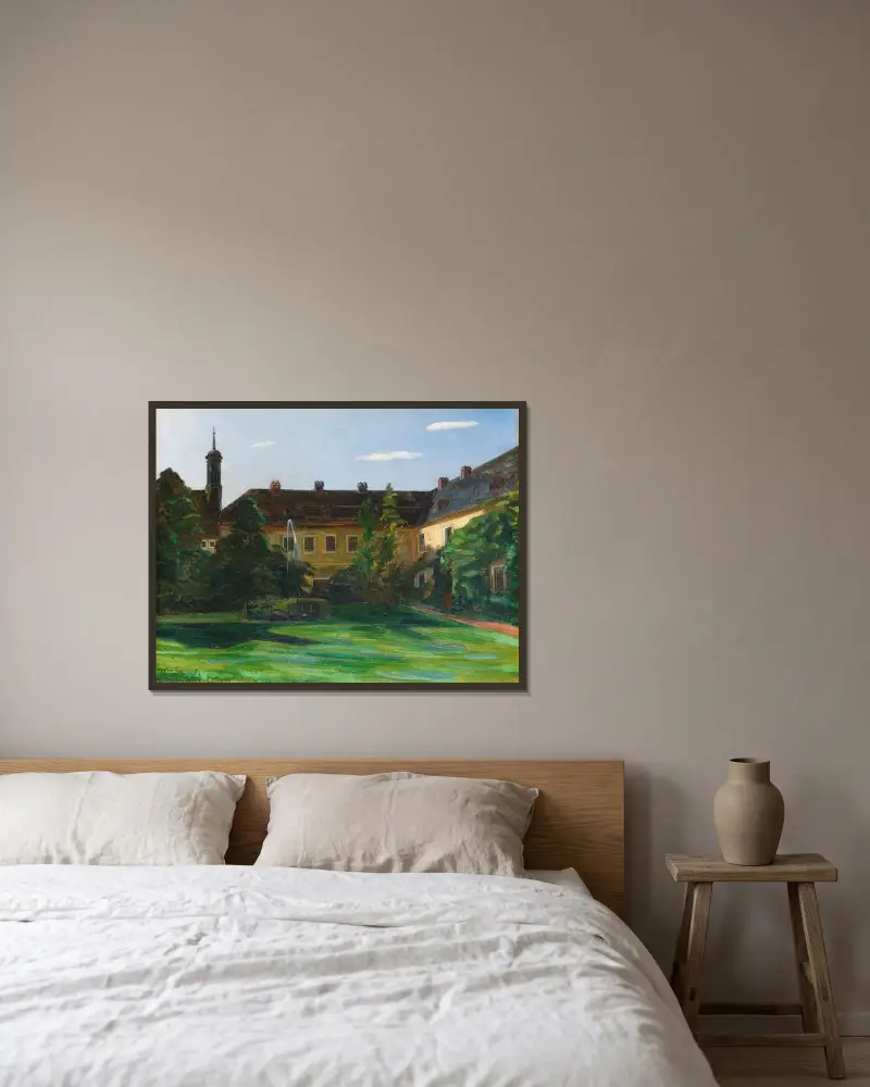Gården vid Stift Neuburg med springbrunn II av Wilhelm Trübner inramad på en vägg