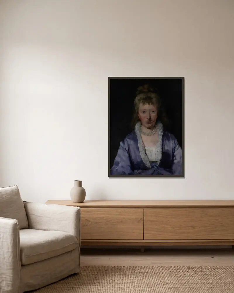 Portrait of a Dame with a Violet Dress av Wilhelm Trübner inramad på en vägg