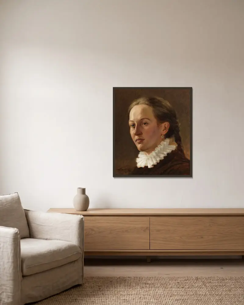 Porträtt av en ung kvinna av Wilhelm Trübner inramad på en vägg