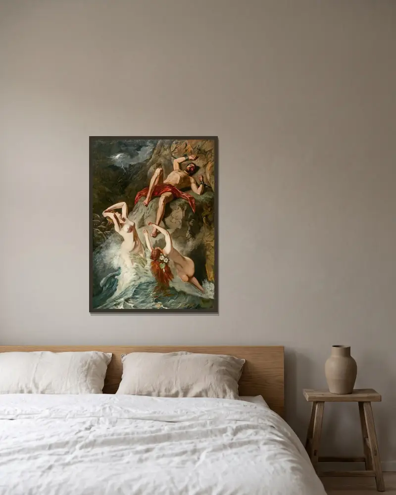 Prometheus, begråten av okeaniderna (I) av Wilhelm Trübner inramad på en vägg
