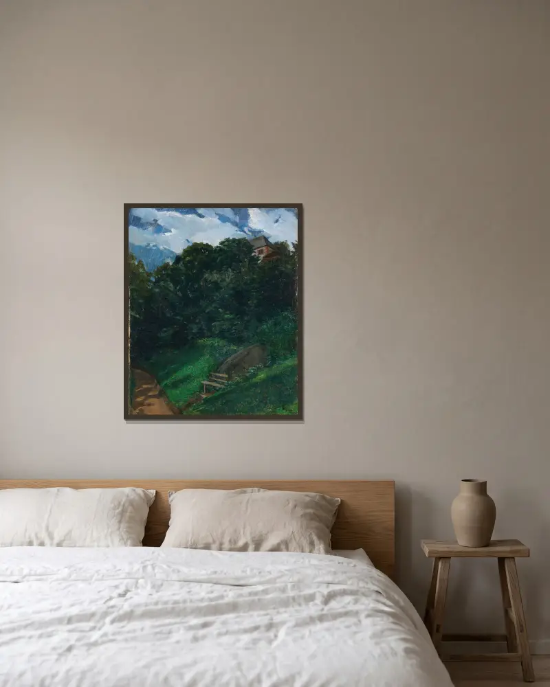 Schlosspark Lichtenberg mit Bank (Odenwald) von Wilhelm Trübner gerahmt an einer Wand